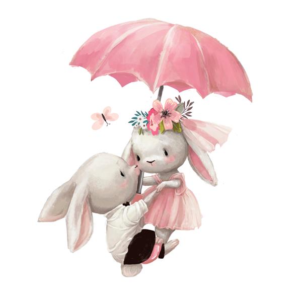 یک زوج عروسی بامزه خرگوش با چتر پرواز می کنند