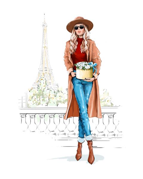 زن زیبا با کلاه خانم شیک پوش با عینک آفتابی دختری شیک که جعبه گل در دست دارد و نزدیک برج ایفل ایستاده است