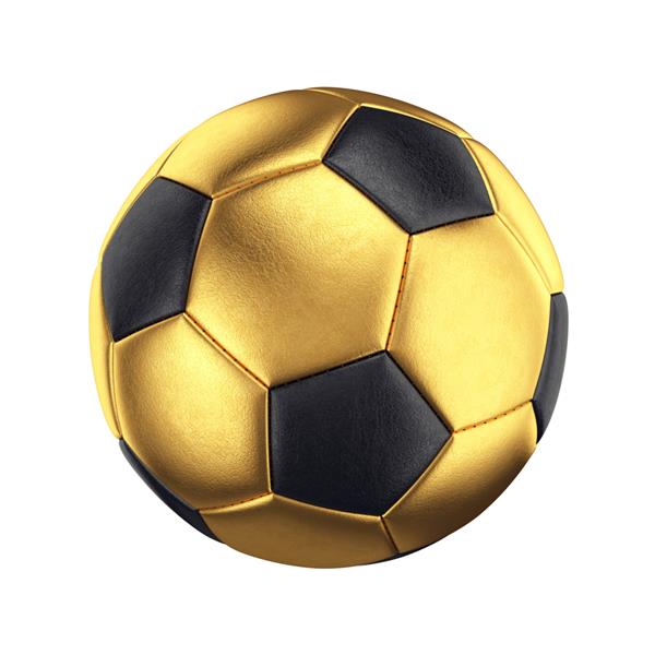 توپ فوتبال طلایی و مشکی در پس زمینه سفید رندر سه بعدی