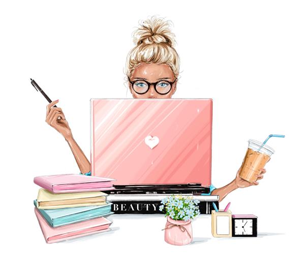 زن مو بلوند زیبا که روی رایانه لپ تاپ کار می کند دختر زیبایی که پشت میز نشسته است فنجان قهوه پلاستیکی در دست دارد و از خودکار استفاده می کند میز با گل برنامه ریز ساعت خودکار