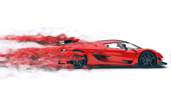 ماشین فوق‌العاده قرمز سریعی که دنباله‌ای از مه قرمز و باد به جای می‌گذارد - تصویر سه بعدی
