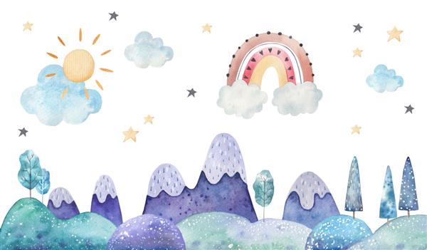 منظره زمستانی درختان کوه ها ابرها و ستاره ها تصویر کودکان با آبرنگ در پس زمینه سفید دکور اتاق مهد کودک چاپ