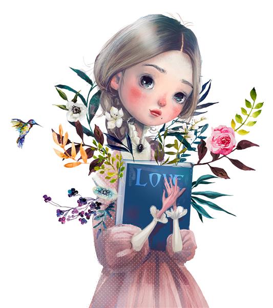 پرتره زن جوان با کتاب و گل
