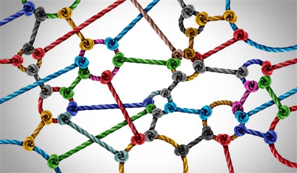 مفهوم شبکه اتصال و تنوع متصل به عنوان گروهی از طناب‌های دایره‌ای شکل که یک ترکیب افقی شبکه متصل را به عنوان یک مفهوم اتصال برای تجارت یا رسانه‌های اجتماعی ایجاد می‌کند