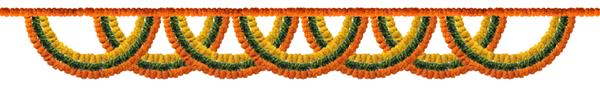 تزیین گل گل همیشه بهار نارنجی و زرد و گلدسته برگ سبز برای جشنواره هندی تزیین جشن هندی توران