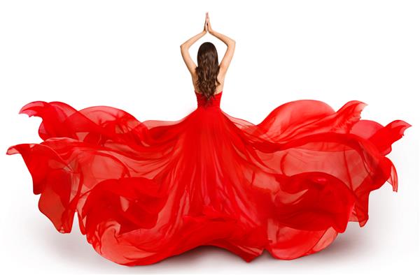 پشت زنی با لباس پرنده قرمز که روی باد تکان می‌خورد مدل مد با لباس مجلسی روان بر روی سفید