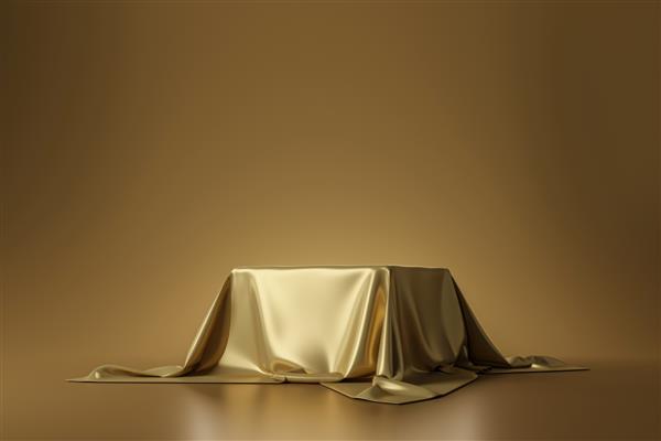 پارچه مجلل طلایی روی پایه یا قفسه سکوی خالی در زمینه طلایی با مفهوم لوکس قرار داده شده است رندر سه بعدی