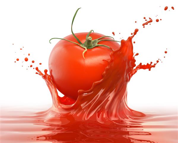 گوجه قرمز در حال سقوط با آب مایع یا پاشش کچاپ جدا شده در پس زمینه سفید تصویر سه بعدی
