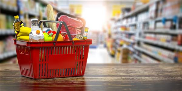 سبد خرید با غذای تازه مفهوم خرید و تحویل آنلاین سوپر مارکت مواد غذایی غذا و غذا تصویر سه بعدی