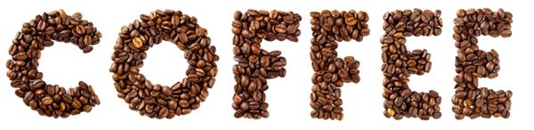 کلمه Coffee با صدها دانه قهوه نوشته شده است جدا شده در برابر پس زمینه سفید به عنوان علامت استفاده شود؟