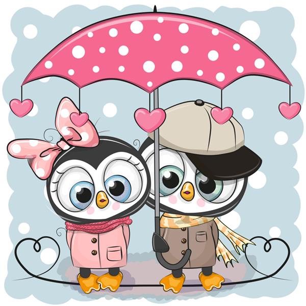 دو پنگوئن کارتونی بامزه با چتر زیر باران