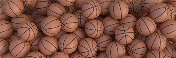 بسیاری از توپ های بسکتبال نارنجی که در یک توده بی پایان قرار گرفته اند پس زمینه توپ های بسکتبال تصویر رندر سه بعدی