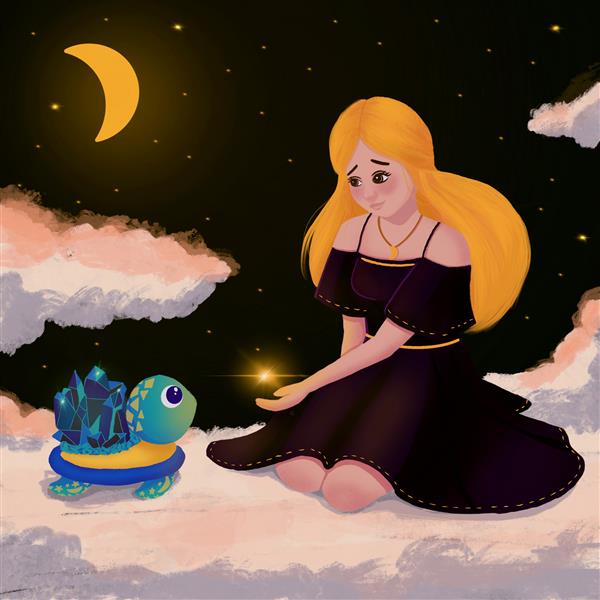 تصویر کودکانه از یک لاک پشت فضایی با کریستال های روی پوسته به دختر نگاه می کند شاهزاده خانم فضا ستاره ای را در دستان خود در پس زمینه کهکشان و سیارات نگه می دارد