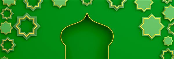 پنجره عربی طلایی و ستاره در زمینه سبز طراحی مفهوم خلاقانه جشن اسلامی روز رمضان کریم یا عید فطر قسمت متن فضای کپی تصویر رندر سه بعدی