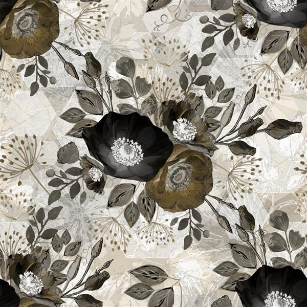 الگوی انتزاعی بدون درز دسته گل شقایق در سایه های خاکستری و قهوه ای در زمینه بافت