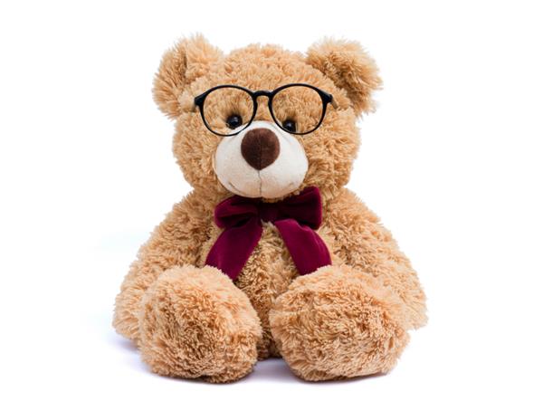 خرس عروسکی قهوه ای با عینک چشمی جدا شده در پس زمینه سفید