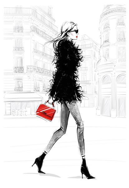 زن جوان زیبا با کیف کشیده شده با دست ظاهر مد دختر شیک در حال قدم زدن با پس زمینه خیابان پاریس زن با ژاکت پر مشکی طرح تصویرسازی مد