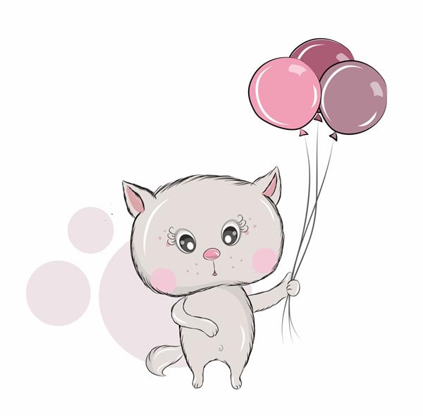 بچه گربه ناز با بادکنک کارت هدیه تصویرسازی کودکان طراحی لوگو تصویر برای پوستر در مهد کودک