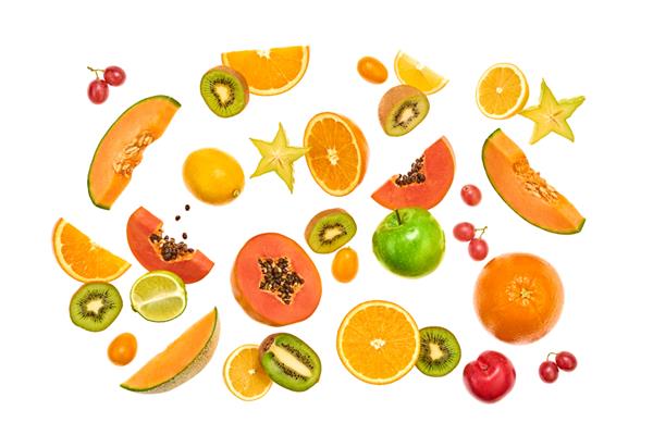 پس زمینه رنگی سالم میوه های پرنده پاپایا پرتقال کیوی خربزه شناور شدن سقوط میوه مگس مفهوم خلاقانه گرمسیری طراحی رنگارنگ تابستانی رنگارنگ
