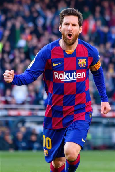 بارسلونا - 23 فوریه لیونل مسی در بازی لالیگا بین اف سی بارسلونا و اس دی ایبار در ورزشگاه نیوکمپ در 23 فوریه 2020 در بارسلونا اسپانیا یک گل را جشن می گیرد