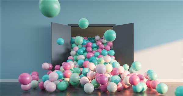 توپ های چند رنگی که از درهای باز به اتاق بزرگ روشن می ریزند پس زمینه انتزاعی تبریک رندر سه بعدی