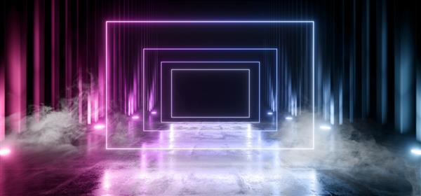 Smoke Neon Led Sci Fi آینده‌گرایانه کلاسیک پانتون آبی بنفش فلورسنت مستطیل درخشان فلزی فلزی بیگانه نمایشگاه فضاپیمای فضایی راهرو زیرزمینی تصویر رندر سایبری سه بعدی