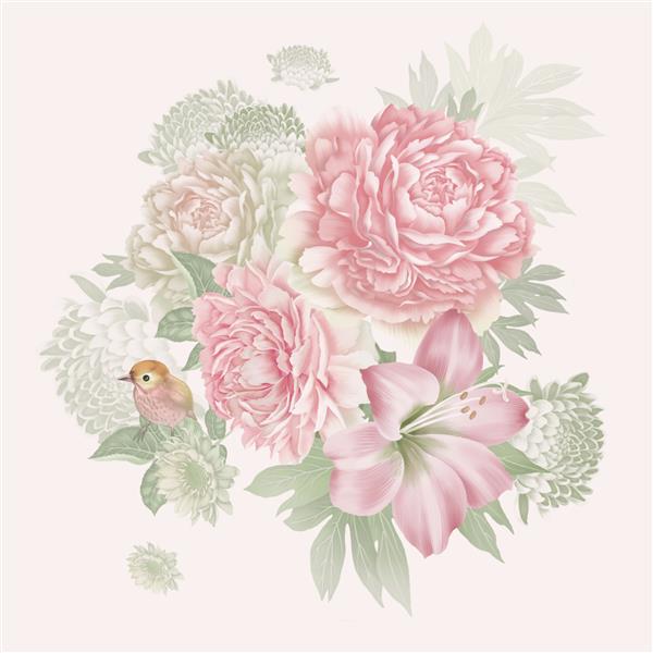 گل‌های زیبای باغ و یک پرنده کوچک بامزه جدا شده در پس‌زمینه سفید دسته گل گل صد تومانی گل رز آماریلیس دکوراسیون لوکس تصویر رنگی پاستلی قدیمی نقاشی واقع گرایانه دست ساز