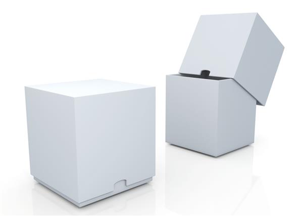 جعبه‌های سفید تمیز سه بعدی با قالب خالی ظرف محصولات پوششی و گزینه انتخاب عملکرد برش لبه برای اسلاید هسته مفید در پس‌زمینه جدا شده با مسیرهای کاری مسیرهای برش شامل
