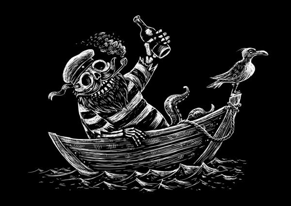 سفر دریایی الکلی ملوان اسکلت بامزه در حال قایقرانی در یک قایق در کنار دریا تصویر کمیک سیاه و سفید