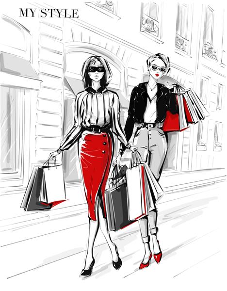 دو زن جوان زیبا با کیف های خرید با دست کشیده شده اند زن مد در دامن قرمز زنان در پس زمینه خیابان طرح سیاه و سفید تصویرسازی مد