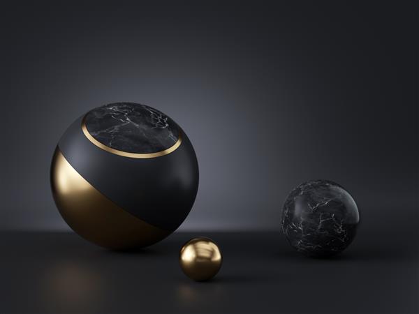 رندر سه بعدی توپ های انتزاعی اشیاء هندسی جدا شده در پس زمینه سیاه طراحی آینده نگر مینیمالیستی بافت مرمر فلز طلا فضای کپی اشکال ابتدایی عناصر دکور ممتاز