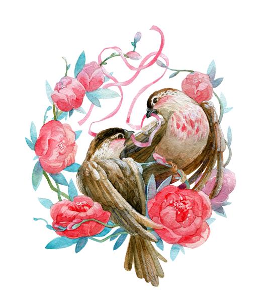 یک زوج پرنده عاشقانه با یک روبان در منقار خود روی یک تاج گل تصویرسازی آبرنگ