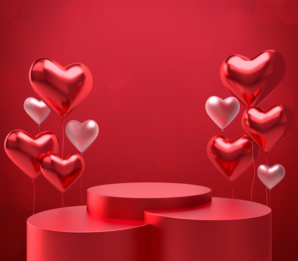 بادکنک های استوانه ای رنگ قرمز و شکل قلب در پس زمینه قرمز پس زمینه روز ولنتاین پایه نمایش محصول سکو پایه رندر سه بعدی