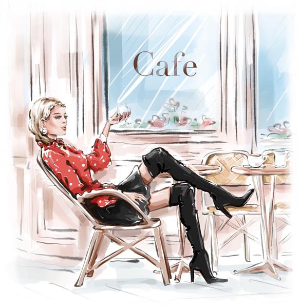 زن جوان زیبای دستی که در کافه خیابان پاریس نشسته است دختر مو بلوند با کفش مشکی طرح تصویرسازی مد