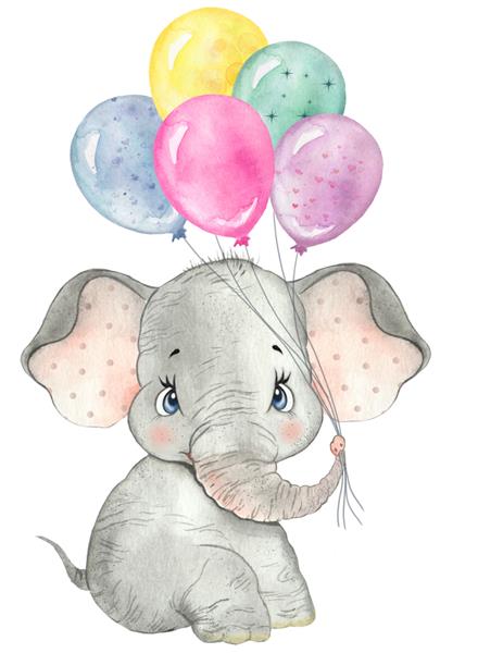 نقاشی آبرنگ بچه فیل با بادکنک فیل کوچولو فیل ناز مهد کودک باغ وحش سافاری حیوان آفریقایی کارت بچه تبریک نمایش کودک حیوان کودک حیوان خنده دار جشن تولد