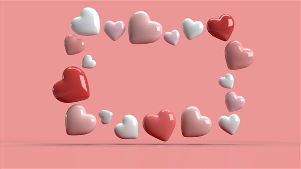کارت پستال تعطیلات برای روز ولنتاین با پس زمینه قلب بادکنکی رندر سه بعدی مفهوم عشق ولنتاین قالب عاشقانه برای عروسی روز زن