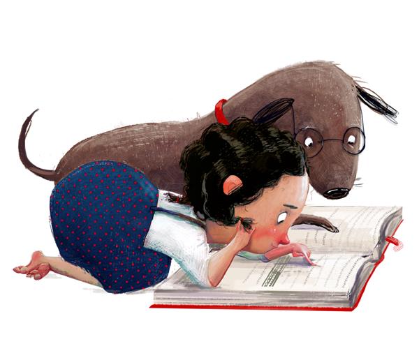 دختر کوچولوی ناز با سگش در حال خواندن
