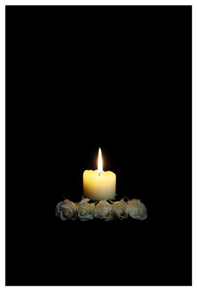 کارت همدردی با گل رز سفید با شمع سوزان در پس زمینه تیره گل ترحیم کارت تسلیت مفهوم خلق و خو دعاها و عمیق ترین همدردی جای خالی یک متن