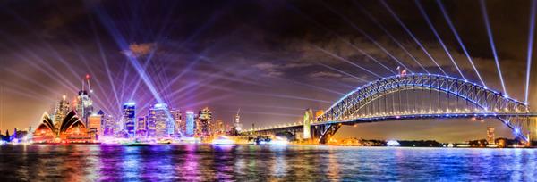 پانورامای وسیع از مکان‌های دیدنی CBD شهر سیدنی و ساختمان‌های اداری مرتفع در اسکله هاربر با پل بندرگاه سیدنی در نور ویوید سیدنی روشنایی را نشان می‌دهد
