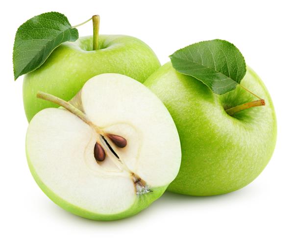 گروهی از میوه های سیب سبز رسیده با برگ های نیمه و سبز جدا شده در زمینه سفید سیب با مسیر برش عمق میدان کامل