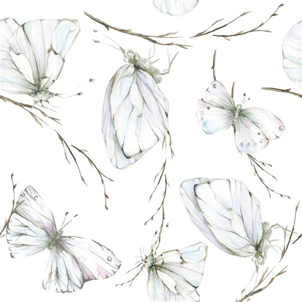 طراحی دستی الگوی تابستانی آبرنگ با پروانه ها شاخه ها تصویر جدا شده روی سفید ایده آل برای دعوت عروسی تابستانی و ساخت کارت