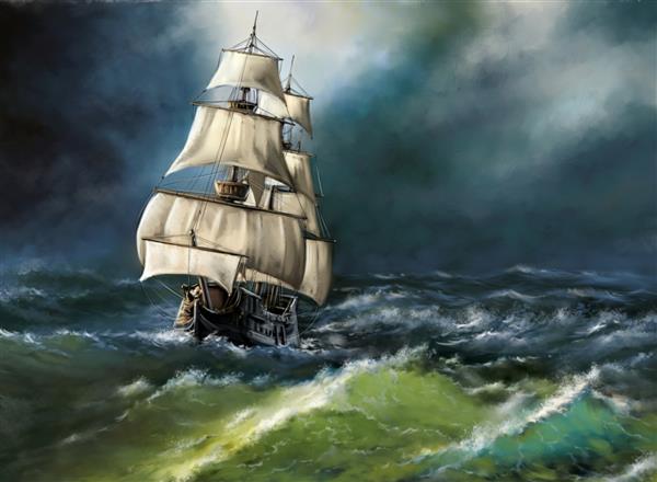 کشتی قدیمی در دریا منظره نقاشی دیجیتالی رنگ روغن هنرهای زیبا