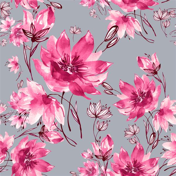 گلهای زیبای بهاری با آبرنگ روی کاغذ الگوی بدون درز کشیده شده است چاپ شیک برای طراحی و دکوراسیون پارچه