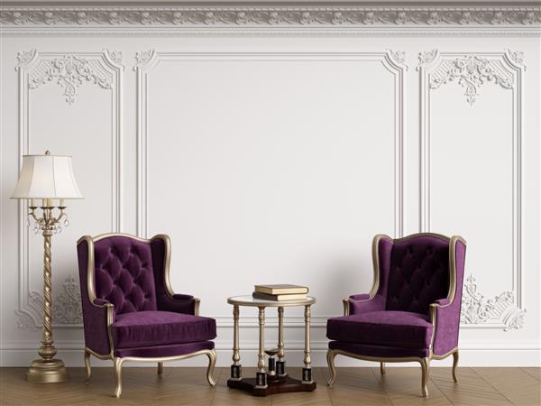 صندلی های کلاسیک در فضای داخلی کلاسیک با فضای کپیدیوارها با قالب بندی قرنیز تزئین شده پارکت کف شاه ماهی تصویر دیجیتال رندر سه بعدی