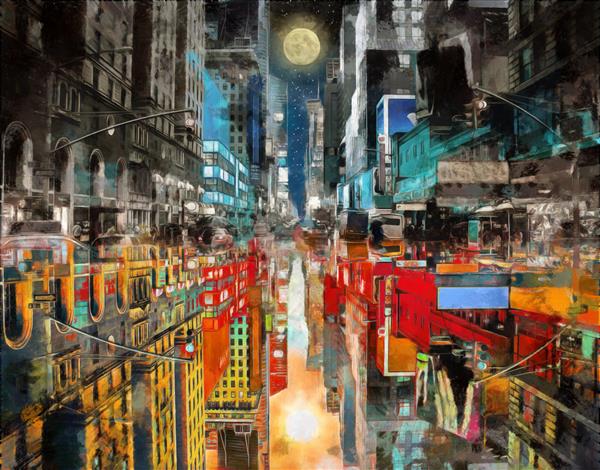 نقاشی مدرن انتزاعی از مفهوم روز و شب خیابان شهر نیویورک منظره شهری خط افق روز و شب نقاشی روی بوم انتزاعی برای دکوراسیون داخلی و دکوراسیون مجموعه نقاشی شهر