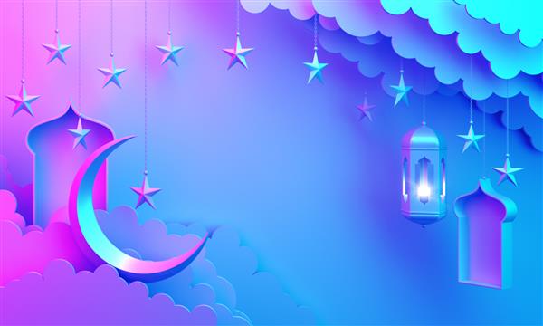 فانوس عربی ابر ستاره هلال پنجره در پس‌زمینه صورتی آبی متن فضایی را کپی کنید طراحی ایده خلاقانه برای جشن اسلامی روز رمضان کریم یا عید فطر قربان رندر سه بعدی