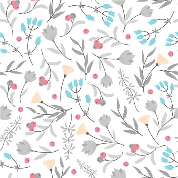 الگوی بدون درز انتزاعی زیبا با گل‌های رنگارنگ کوچک برگ‌های خاکستری روی پس‌زمینه سفید تصویر گل‌های تابستانی الگوی چاپ جلد کتاب پارچه پارچه کاغذ کادو بسته بندی