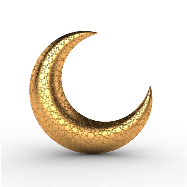 تصویر سه بعدی ماه طلایی با الگوی هندسی عربی حکاکی شده