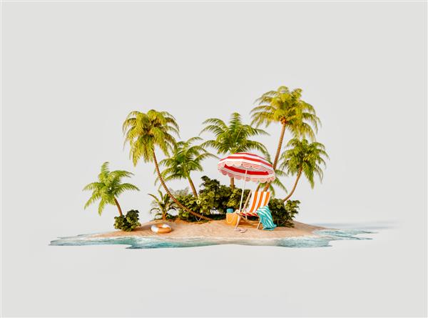 تصویر سه بعدی غیرمعمول از یک جزیره گرمسیری صندلی عرشه زیر چتر در ساحل زیبا مفهوم سفر و تعطیلات