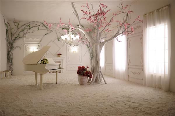کاغذ دیواری سه بعدی پیانوی سفید زیبا و درخت بزرگ با شاخه های فوق العاده در اتاقی زیبا با پنجره های درخشان